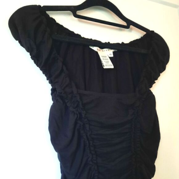 Max Studio Cap Sleeve Square Neck Ruched Ruffle Top Black - Picture 4 of 16